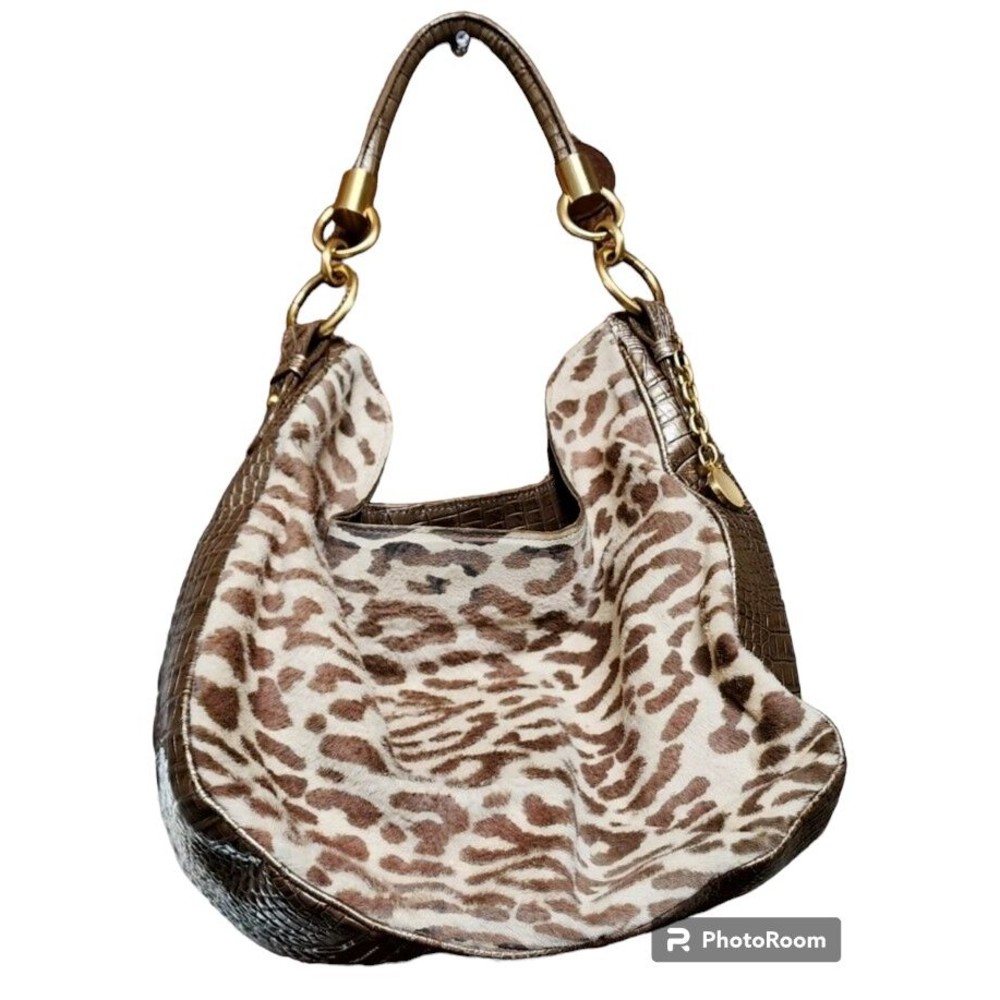 Brahmin Animal Print and Metallic Pebble Croc Leather Hobo Vintage Mint 2 Sides